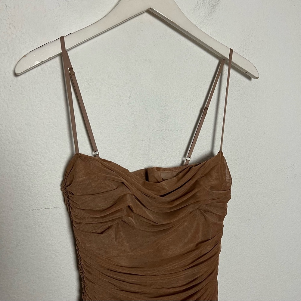 House of CB Fornarina Organza Mesh Ruched Maxi Dress Tan Size Small - Picture 5 of 12